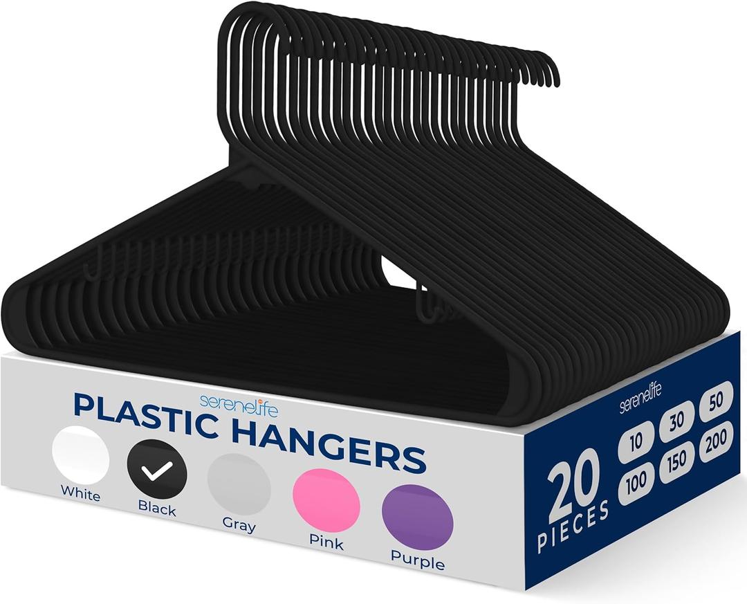SereneLife Premium 20 Pack Plastic Hangers, Lightweight, Durable, Space Saving Clothes Organizers, Suitable for Shirts, Sweaters, Hoodies, Dresses, Kids Clothes, Good for Home Organization (Black)