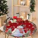 Christmas Snowman Round Table Cloth Fitted Tablecloth,XMAS Tree Wreath Red Table Cover with Elastic Edge Waterproof Table Cloth,Pine Cone Light Ball Circle Table Covers for Kitchen Indoor 45-54in