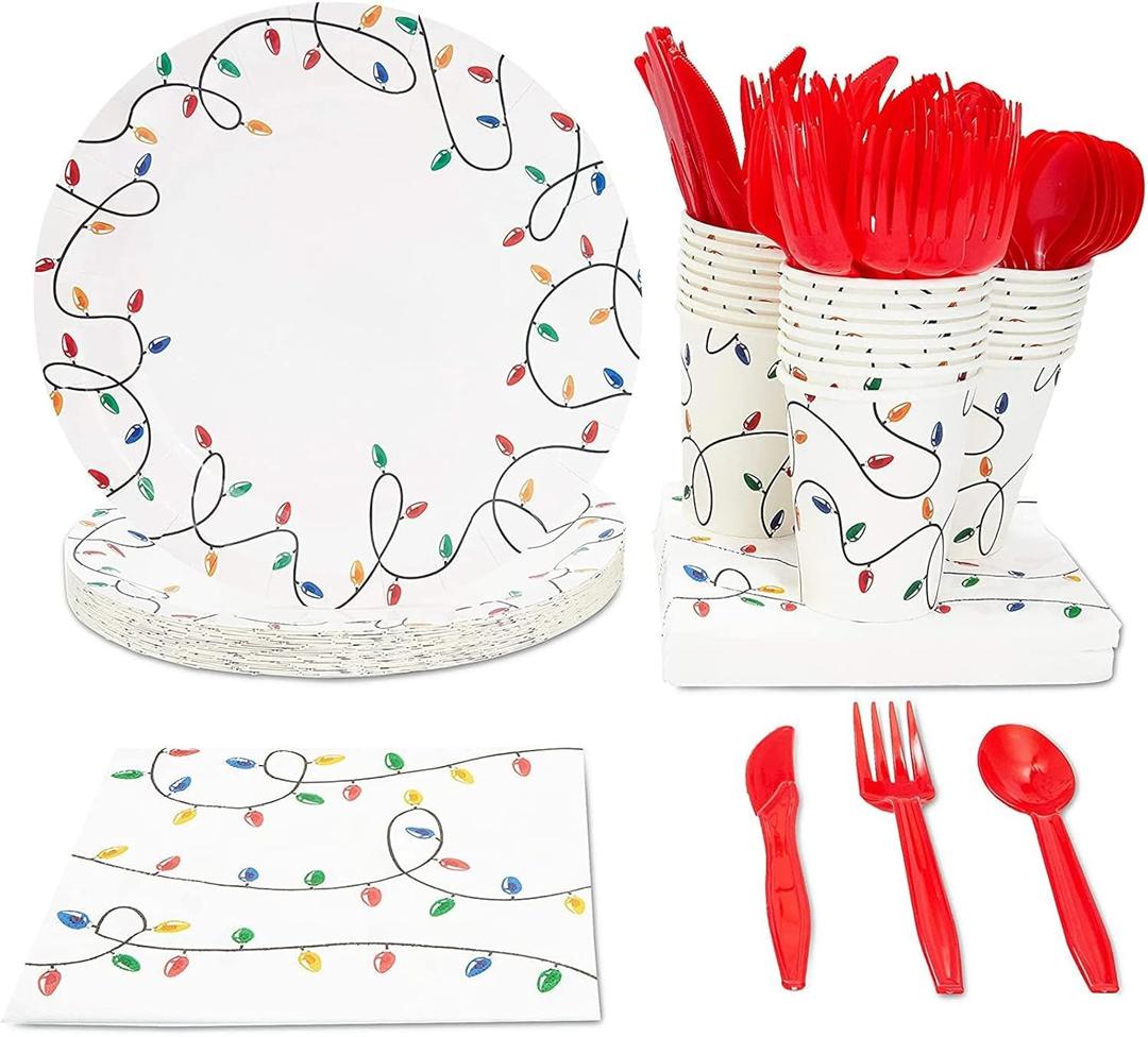 Juvale Christmas Lights Dinnerware Set, Paper Plates, Cutlery, Cups, and Napkins (Serves 24, 144 Pieces)