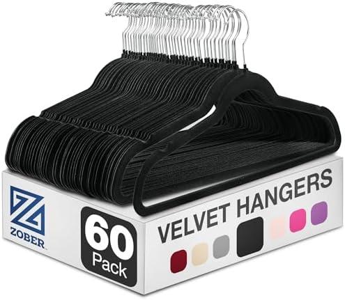 ZOBER Black Velvet Hangers 50 Pack - Clothes Hangers, Coat Hanger for Pants & Dress Clothes - Non Slip w/ 360 Degree Swivel, Holds up to 10 lbs - Strong Felt Hanger for Clothing