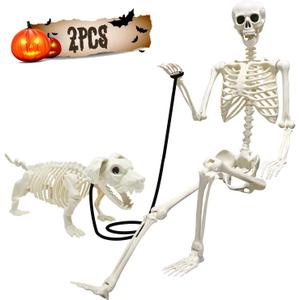 UMEELR 5.4FT Halloween Skeletons, Full Size Skeleton with Skeleton Dog, Plastic Life Size Human Skeletons for Halloween Graveyard Haunted House Party Decoration