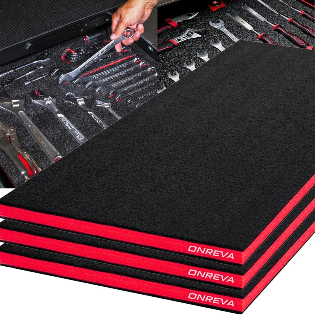 ONREVA Tool Box Foam 22x20x1 inch 3Pack, Foam Inserts for Cases, Polyethylene Storage Sheets for Toolbox Hard Case, Tool Shadow Insert, Kaizen Organizer Sheet, Black with Red