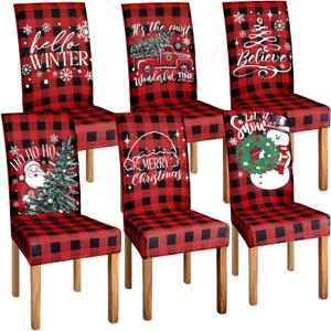 6 Pcs Christmas Chair Covers Dining Protector Removable Washable Stretch Xmas Tree Snowman Buffalo Plaid Slipcovers for Thanksgiving Dining Hotel Party Wedding Holiday Decor