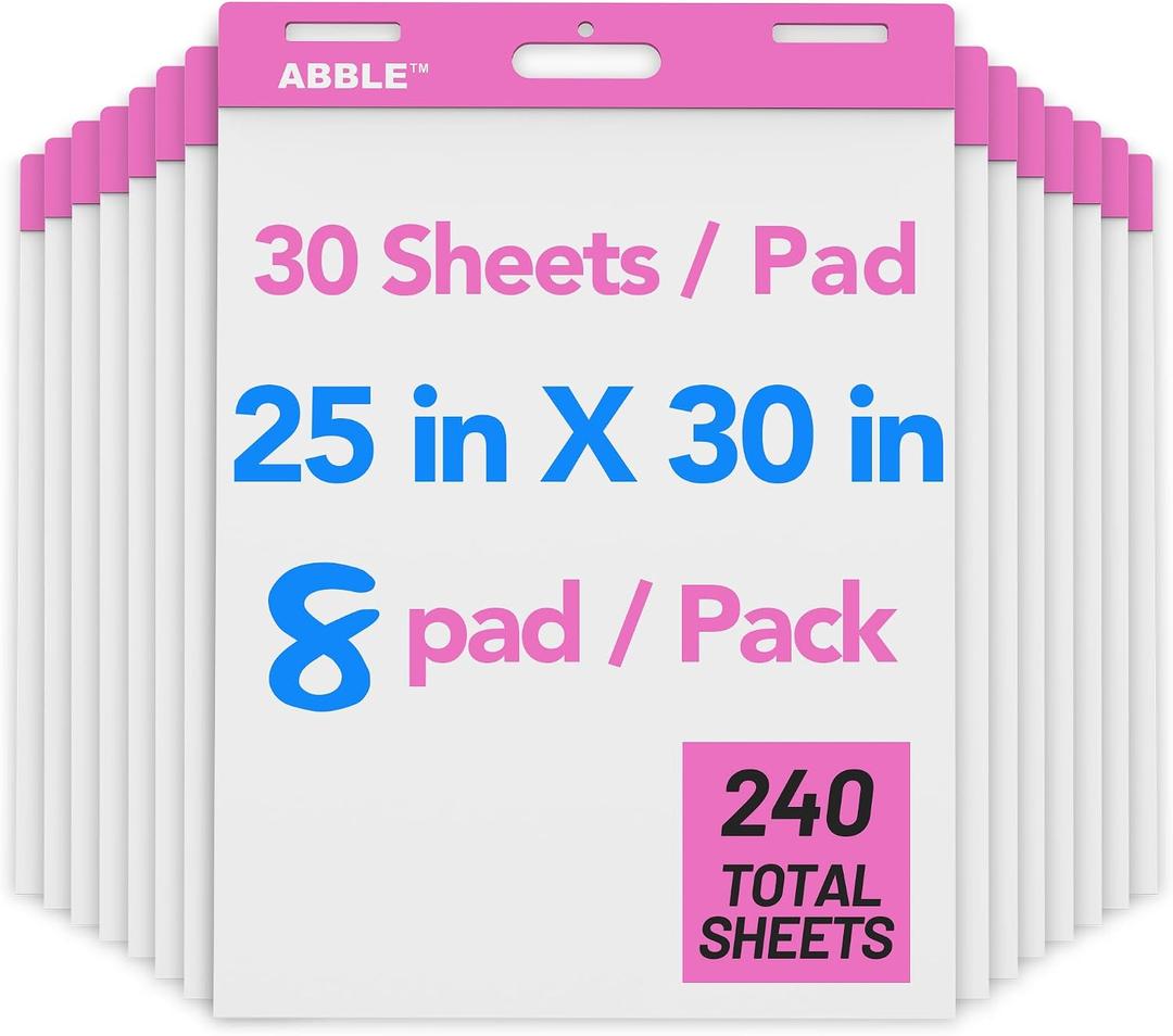 Super Sticky Easel Pad, 25 x 30 Inches, 30 Sheets/Pad, 8 Pads/Pack (Pink), Large Self Stick Flip Chart Paper for Whiteboards, Premium White Chart Paper for Teachers, Office, and Classroom Supplies