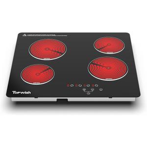 4 Burner Electric Cooktop, TOPWISH 24 Inch, Built-in Electric Stove Top, 220-240v Radiant Cooktop with Child Lock, Touch Control, Residual Heat Indicator, Overheat Protection, Hard Wire (No Plug)