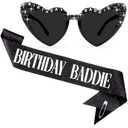TIHEBAX BIRTHDAY BADDIE Sash and Glasses Kit - Black Birthday Sash for Women Girls & Men with Siler Foil, Black Glitter Birthday Accessories Outfit Women Decorations Party Favors Supplies