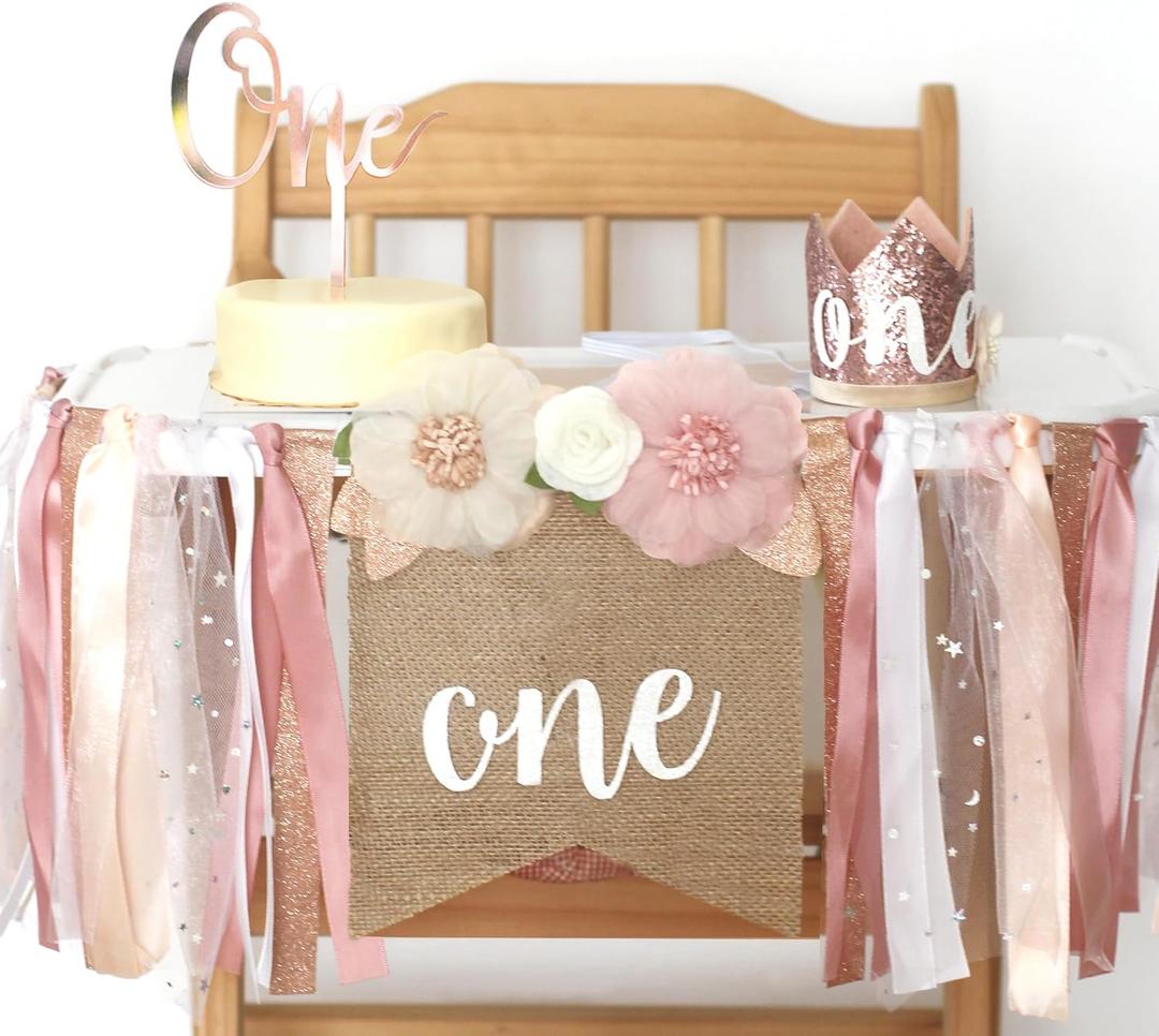 1st Birthday Party Decorations for Girls by Innerspark, Pink and Gold Floral Set, Ribbon High Chair Banner, Birthday Hat, Cake Topper, One High Chair Banner, Girls First