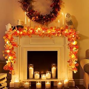 N&T NIETING Fall Eucalyptus Garland, 6FT Artificial Eucalyptus Garland with Lights, Fall Garland Fall Decorations for Home Thanksgiving Table Fireplace Mantle Party Outdoor (Pack of 4)