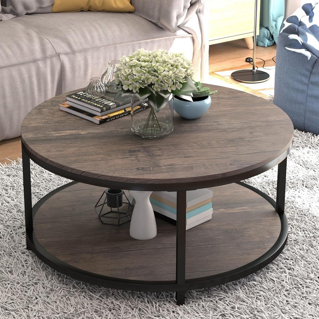 NSdirect Round Coffee Table, 36" Coffee Table for Living Room,2-Tier Rustic Wood Desktop with Storage Shelf Modern Design Home Furniture (Light Walnut) (36 in)