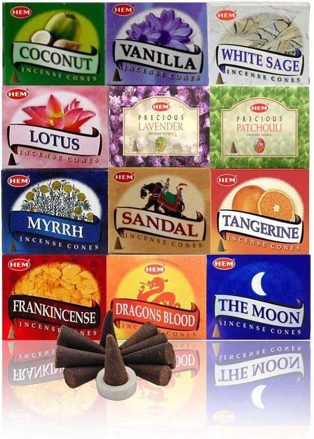 HEM Assorted Incense Cones  Pack of 12 Scents (10 Cones Each, 120 Total)  Natural Aromatherapy Fragrance for Meditation, Relaxation, Yoga, and Home Use