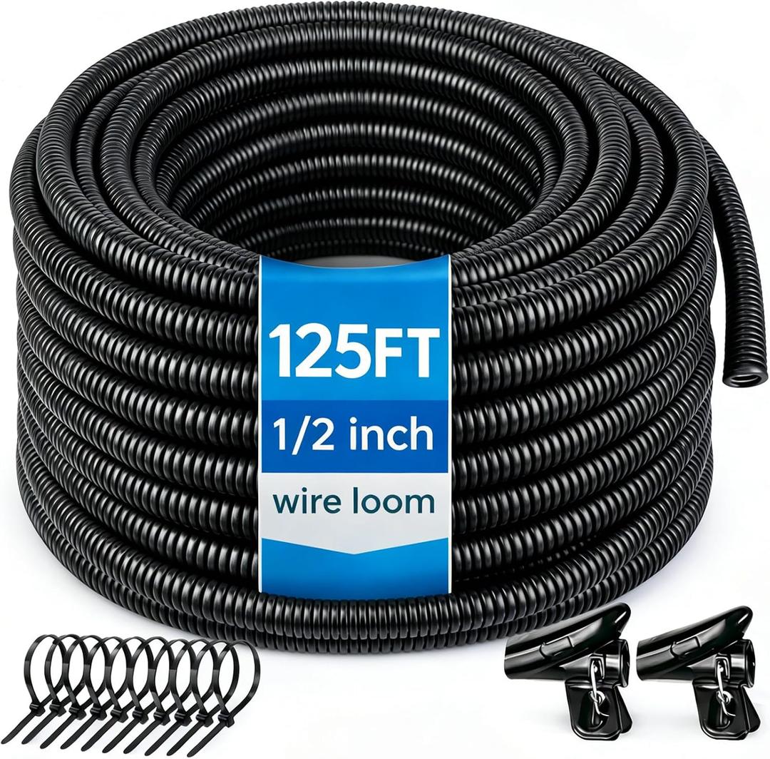 Automotive Wire Loom Flame Retardant Split Wire Loom Tubing Assortment Wiring Loom Kit Plastic Cover Electrical Covering Conduit Protective Wire Wrap Cable Sleeves Black 1/2" x 125 Ft
