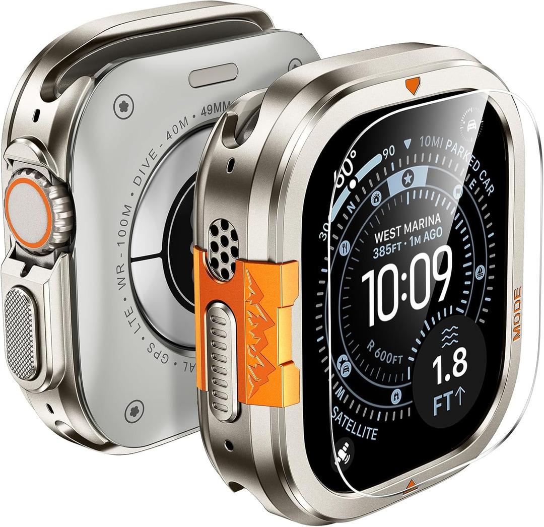 LETOID 3 in 1 Metal Case for Apple Watch Ultra 3 /Ultra 2 /Ultra Screen Protector 49mm, Stainless Steel Protective Bumper, Hard PC Back Cover and 9H Tempered Glass Film for iWatch Ultra - Titanium