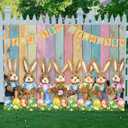 Easter Backdrop Colorful Wood Photography Backdrop Rabbit Eggs Grass Spring Background Banner Easter Party Decoration Kids Birthday Baby Shower Photo Booth Props (8X6FT)