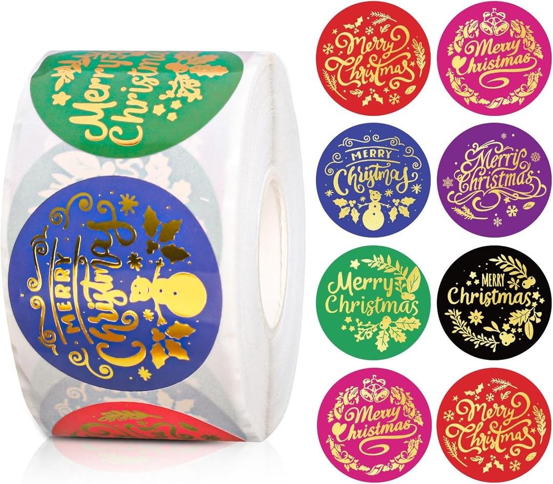 2 x JarThenaAMCS 500Pcs Gold Foil Merry Christmas Stickers Roll Self-Adhesive Xmas Colorful Label Stickers Decal for Holiday Party Favor Decor, 6 Designs