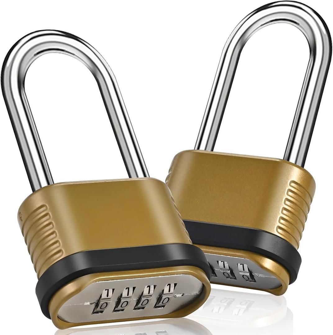 4 Digit Heavy Duty Combination Lock - 105mm Long Shackle Weatherproof Combination Padlock, Outdoor Combo Lock for Storage Units, Gym Lockers, Fence Gates & Shed Doors - Golden (2pcs, Long Shackle)