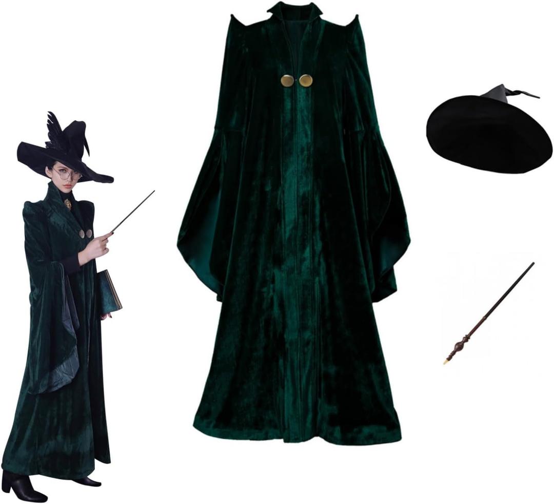 Women Professor Witch Cosplay Costume Halloween Wizard Cloak with Hat Wand Robe Coat