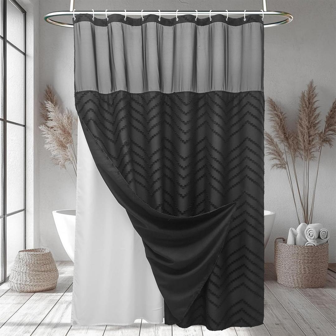 Boho Black Shower Curtain with Snap in Liner Replacement Fabric Shower Curtain 71 x 72 Waterproof & Washable Mesh Top Window Modern Western Tufted Chevron Textured Striped for Bathroom Hotel