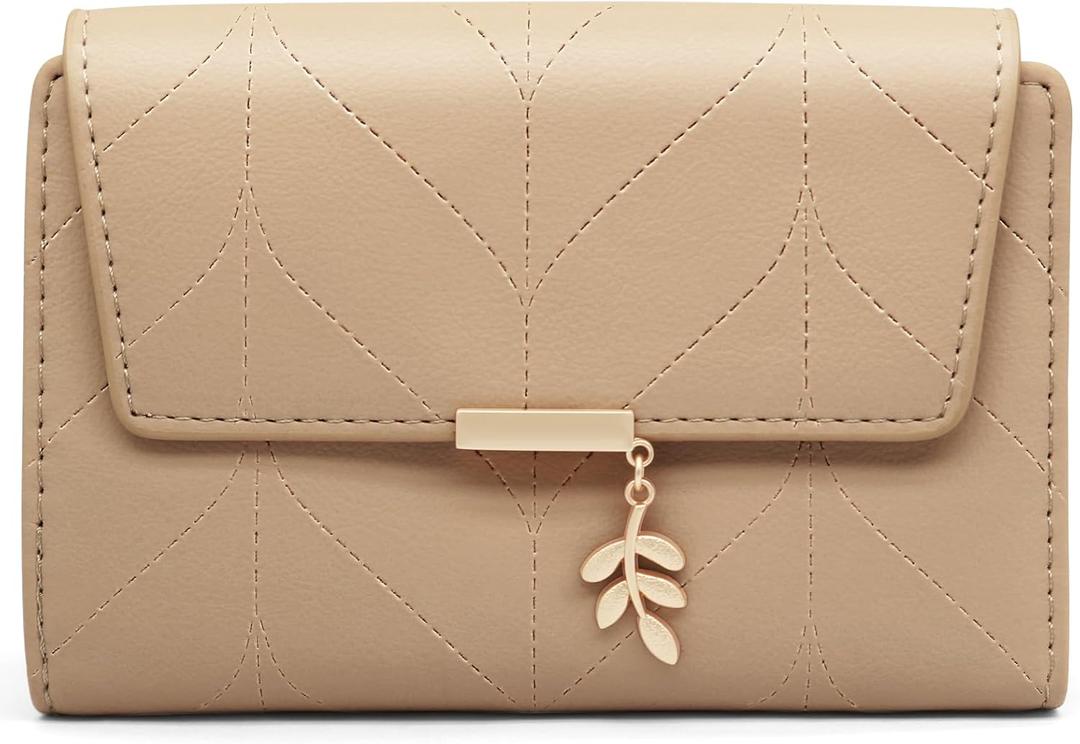 Women's Bifold Vegan Leather Wallet RFID Blocking with Leaf Pendant, Compact Card Holder Organizer, Zipper Coin Pocket, ID Window, Multi Card Slots (taupe)