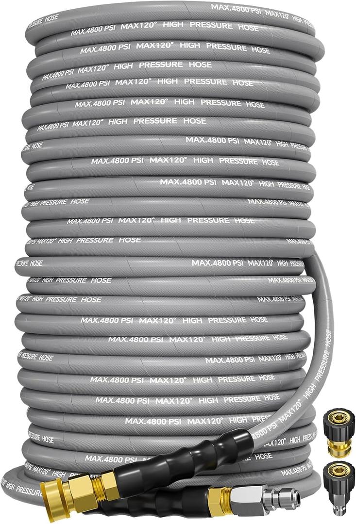 3/8" 4800PSI Pressure Washer Hose 200FT with Swivel Quick Connect for Cold/Hot Water Max 248F, Kink Resistant Steel Wire Braided, Wear Resistant Power Washer Hose with M22 14mm Adapter (Gray)