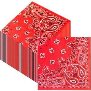 100PCS Red Bandana Cocktail Napkins, 3-Ply Disposable Paisley Print Beverage Napkins, Western Cowboy Theme Party Supplies for Birthday, Wedding, Picnic, Baby Shower (6.5'' x 6.5'')