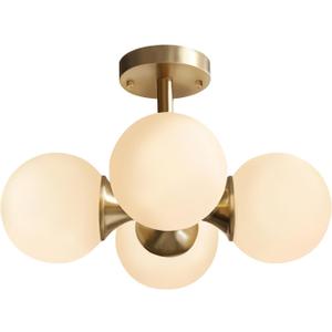 Modo Lighting Antique Brass 4-Light Ceiling Light Mid-Century Frosted Glass Globe Chandelier Modern Flush Mount Ceiling Light Fixtures for Bedroom Living Room