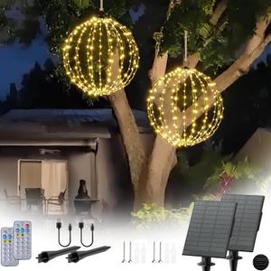 Outdoor Hanging Lighted Sphere Solar, Christmas Decoration Light Balls, 2 in 1 Warm White and Multicolor Chandelier, 208 LED 16" Large Iron Frame Foldable Globe for Patio Tree Gazebo Decor (2PK Solar)