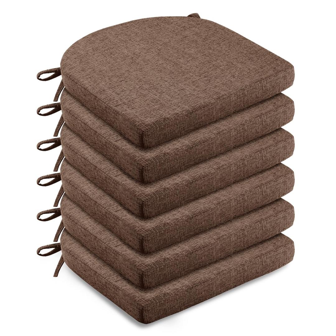 LOVTEX Chair Cushions for Dining Chairs 6 Pack - Memory Foam Chair Pads with Ties and Non-Slip Backing - Seat Cushion for Kitchen Chair 16"X16"X2", Brown