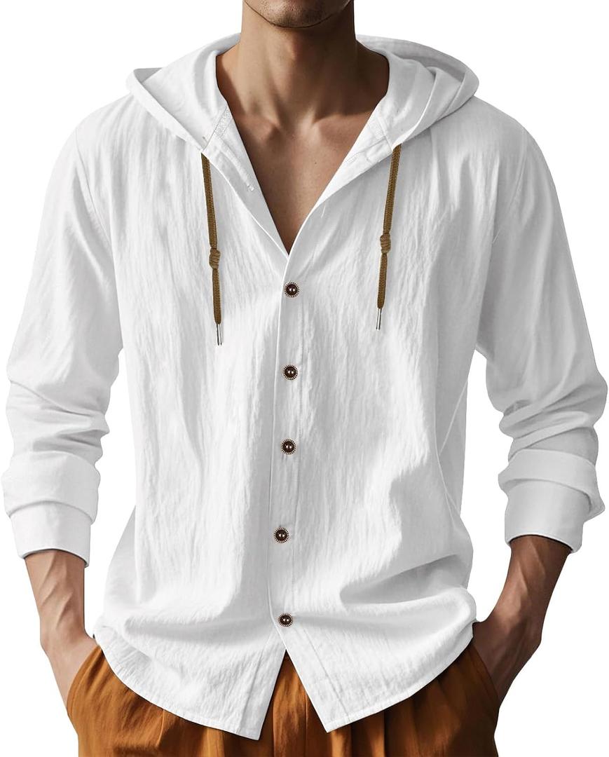 PIDOGYM Men Cotton Linen Long Sleeve Button Down Shirt Summer Casual Hawaiian Beach Tops Lightweight Fashion Hoodies (White, XXL)