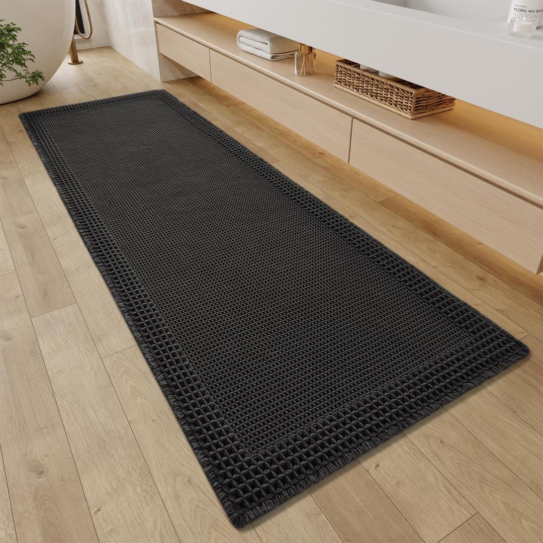 RESARE Waffle Bathroom Runner Rugs, Super Absorbent Bath Mat Non Slip Washable Quick Dry, Upgraded Ultra Soft Boho Bath Rugs with Tassels for Hallway Bedroom Laundry Room, 2'x6'(24"x72"), Black