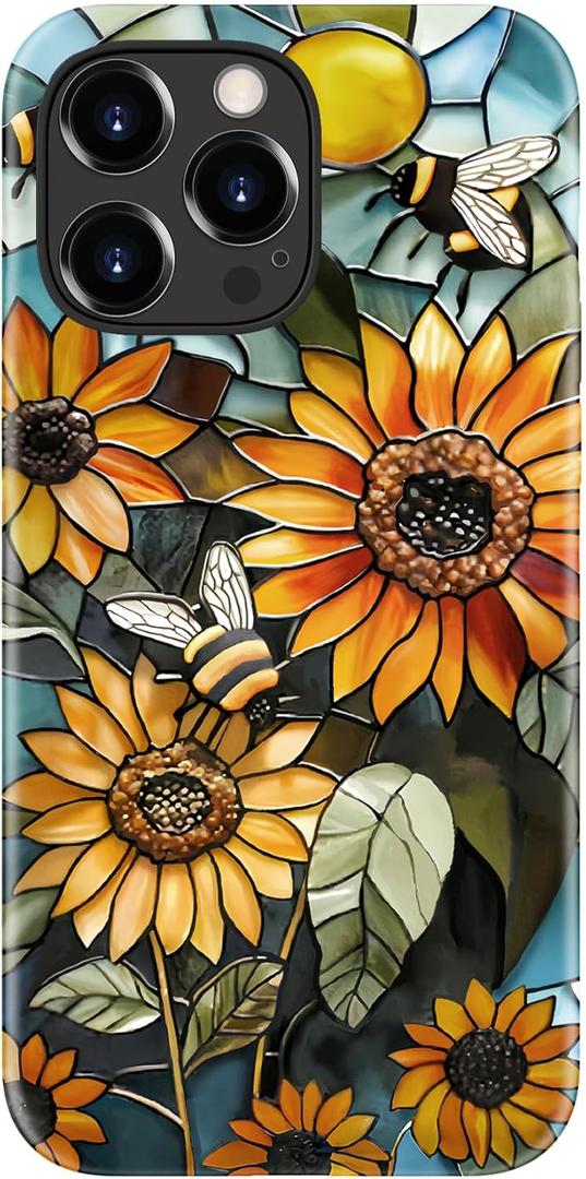 for iPhone 15 Pro Max Case - Wireless Charging Compatible - Dual-Layer Hard Shell + Silicone Cover - Shockproof Protective Phone Case with Stylish Designs for Women - Retro Sunflowers