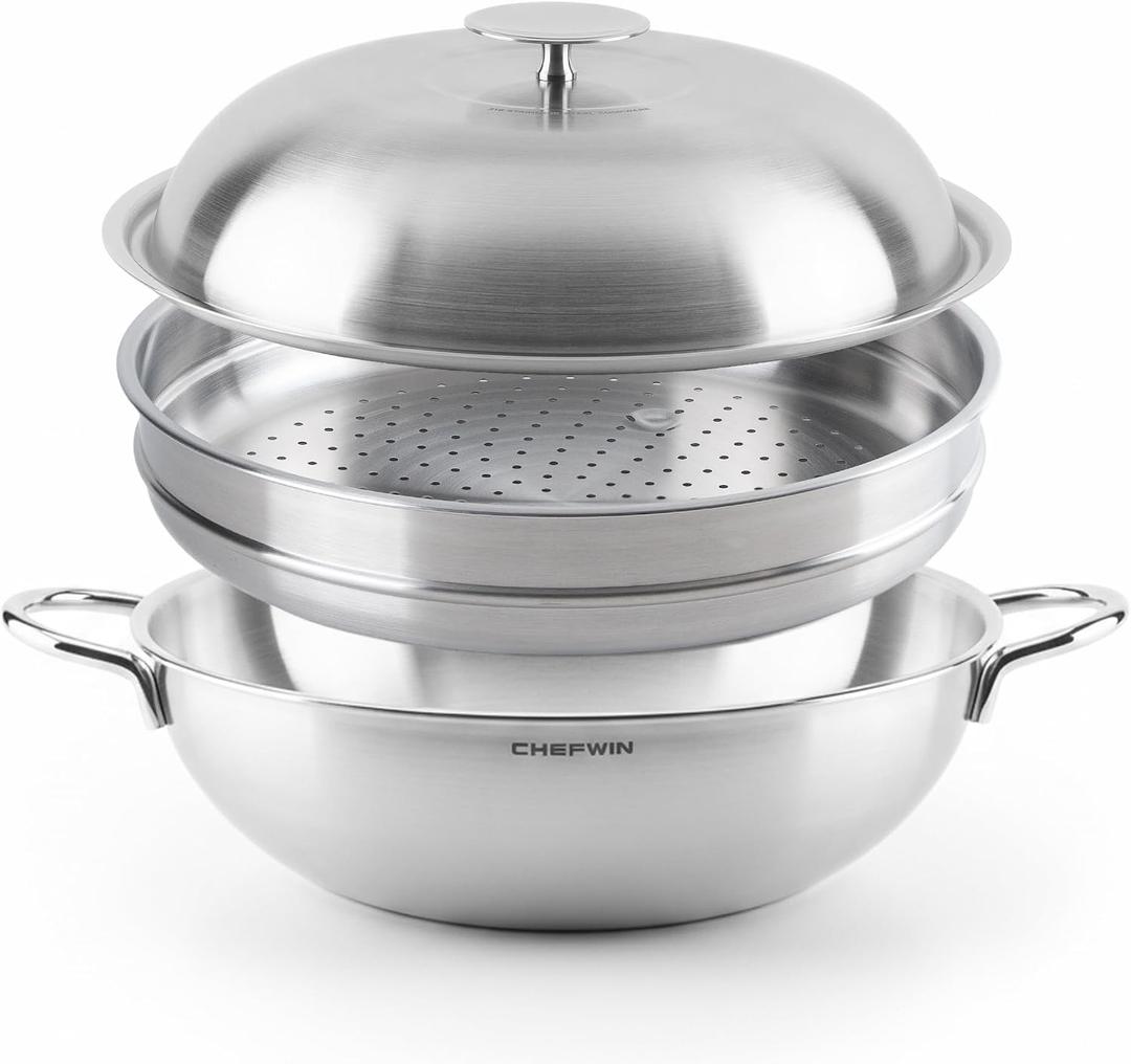 316 Stainless Steel Heavy Duty 12.6 inch 6.3 Quart Wok pan with Lid and Steamer, Stir Fry Pan, 5Ply, Induction Cookware, Dishwasher Safe, Oven Safe