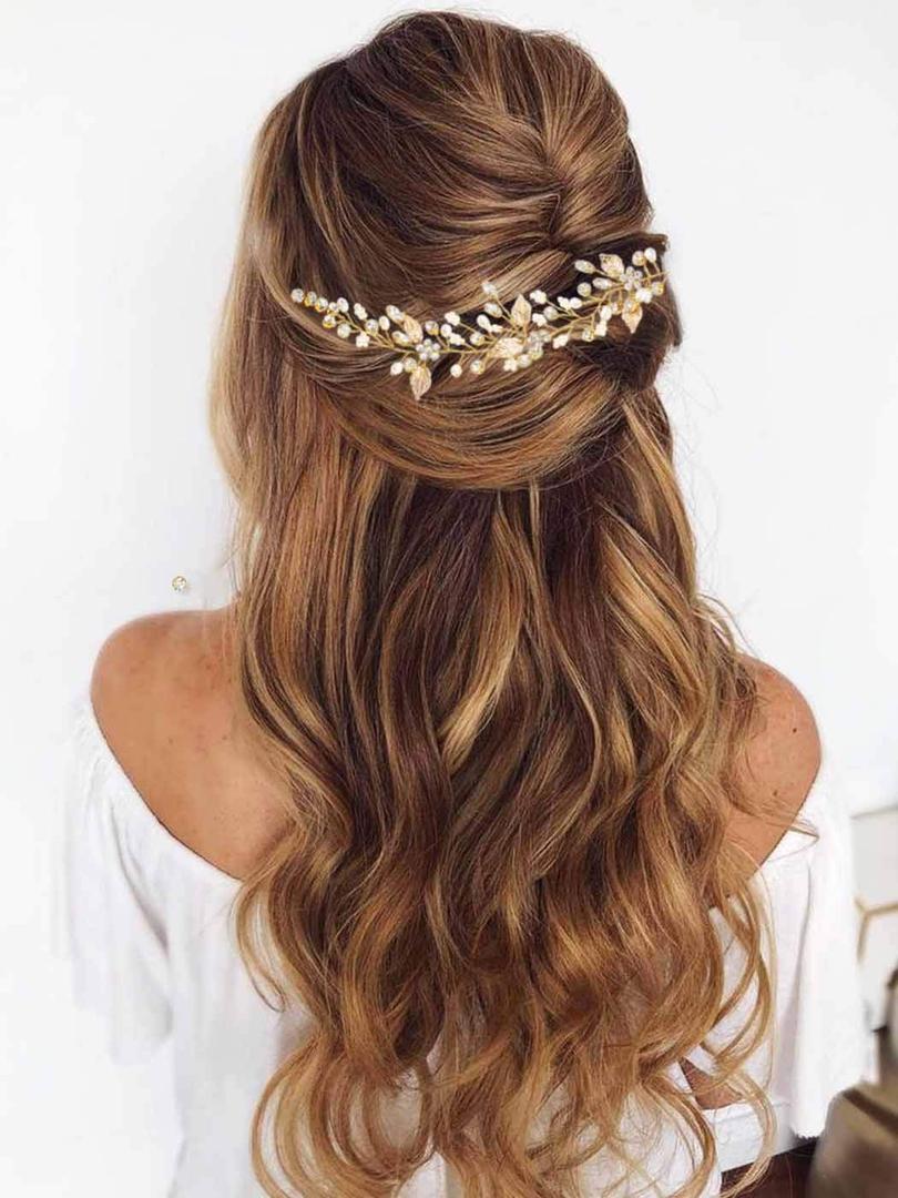 Gorais Crystal Bride Wedding Hair Combs Gold Leaf Bridal Hair Pieces Pearl Hair Accessories for Women and Girls (A-Gold) 