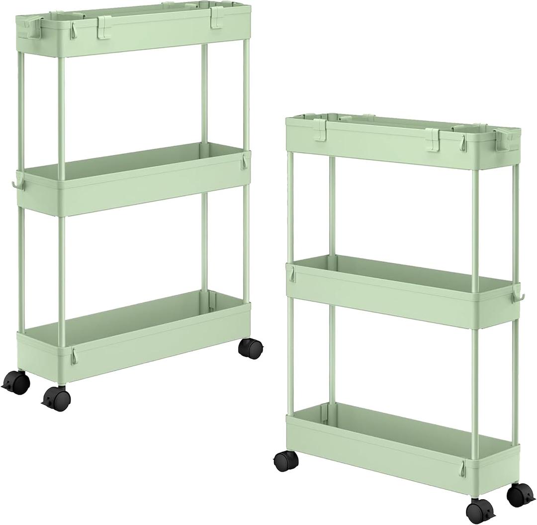 2 Pack 3 Tier Slim Storage Cart, Bathroom Rolling Utility Organizer