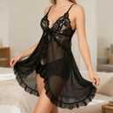 Women Sexy Black lace Lingerie Sheer V Neck Strapless Nightgown See Through Bra and Panty Set