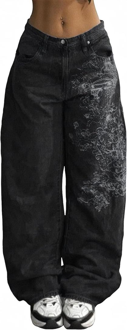 Xineicy Jeans for Women Y2k Grunge Baggy Jeans Mid-Low Waist Barrel Vintage Gothic Denim Pants Streetwear