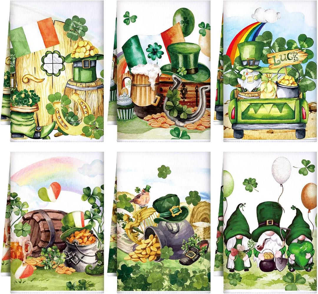 Honoson 6 Pcs St Patrick's Day Kitchen Towels St. Patrick's Day Dish Towels Shamrocks Gnomes Plaid Absorbent Bathroom Set Tea Cloth for Kitchen Home 16 x 24 Inches(Bright Color,Gnome)