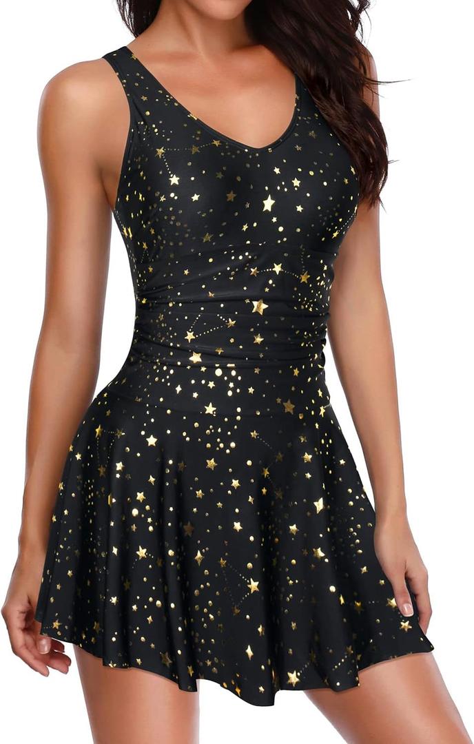 Yonique One Piece Swimsuits for Women Modest Tummy Control Swimdress Vintage Bathing Suits Skirt Swimwear (X-Large, Black Star)