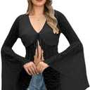 GORGLITTER Women's Lace Bell Long Sleeve Tops Tie Front Blouse Sheer Crop Top ( M )