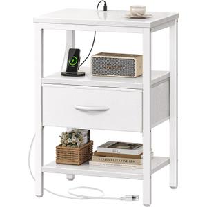SUPERJARE Nightstand with Charging Station, Bed Side Table with Adjustable Fabric Drawer, Night Stand for Bedroom, 3-Tier Storage End Table, for Living Room, White (M (11.8"D x 15.7"W x 23.4"H), White)