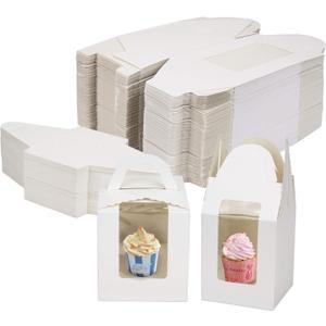 Jucoan 100 Pack White Single Cupcake Boxes, Kraft Paper Individual Cupcake Container with Window Insert Handle, Portable Bakery Containers for Small Cake, Muffins, Birthday Wedding Baby Shower Party