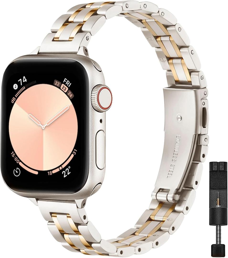STIROLL Thin Replacement Band Compatible for Apple Watch 38mm 40mm 41mm 42mm(Series 11 10), Stainless Steel Metal Wristband Women Men for iWatch Ultra SE Series 9 8 7 6 5 4 3 2 1, Starlight Gold