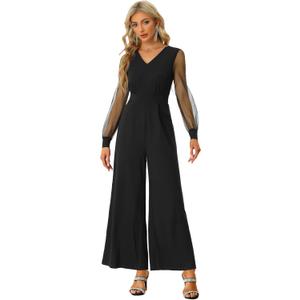 Allegra K Women's Elegant V Neck Mesh Long Sleeve Loose Wide Leg Romper Party Jumpsuits (Large)