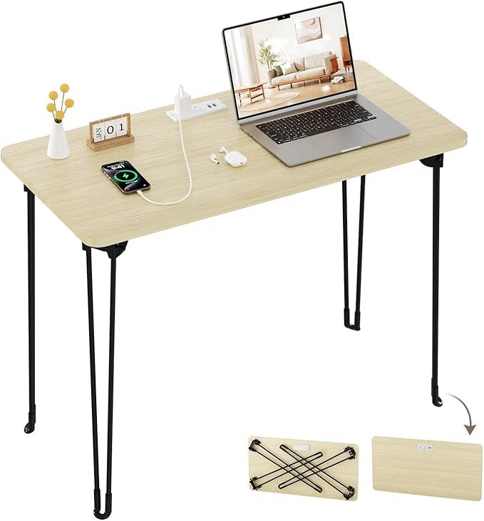 Folding Desk, 31.5" Hairpin Legs Small Desk with Power Strip for Bedroom, Space Saving Foldable Computer Desk for Home Office, No Assembly Need, Beige