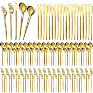 Amyhill 400 Pcs Gold Stainless Steel Utensils Set Party Tableware Flatware Set for 80 Guests Reusable Dinner Cutlery Utensils Tableware for Wedding Anniversary Party Home Restaurant