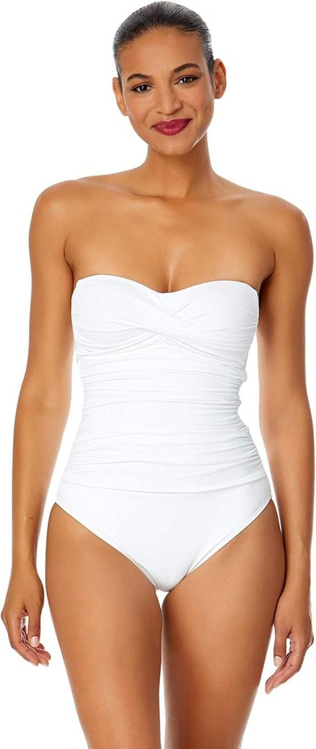 Anne Cole Women's Twist Front Shirred One Piece Swimsuit (12, White)