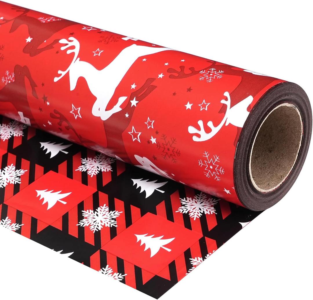 Ulmasinn Reversible Christmas Wrapping Paper - 17" x33ft Double Sided, Red Nordic Reindeer & Snowflake, Heavy Duty & Wrinkle-Free, Xmas Gift Wrap for Presents