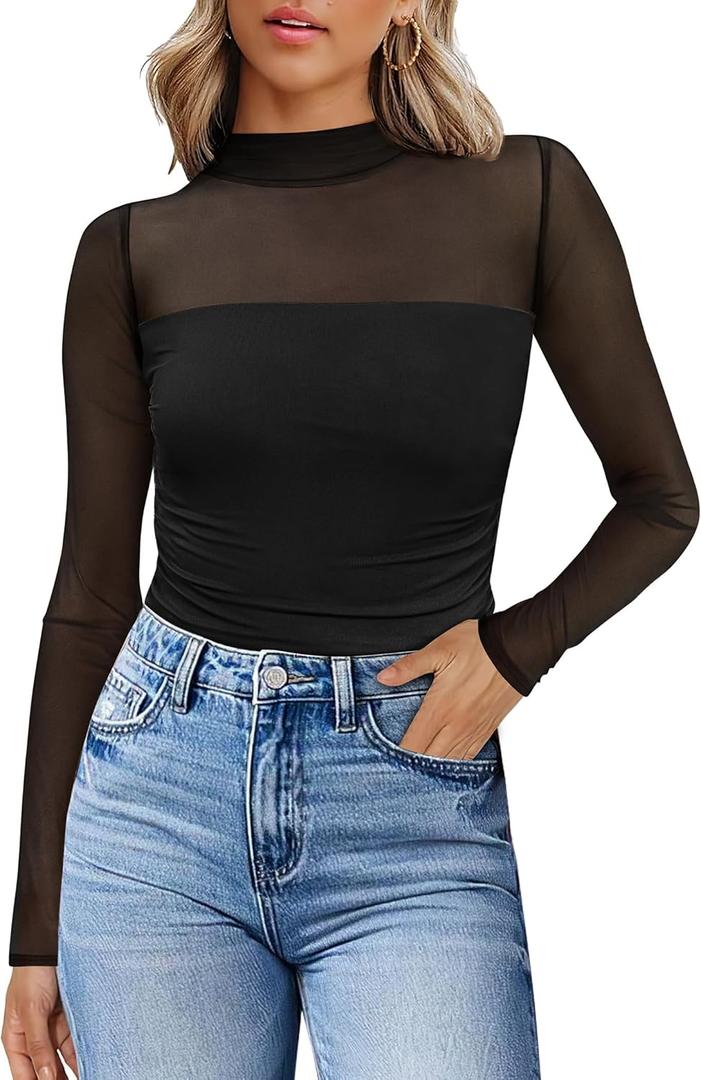 Womens Sexy Mesh Long Sleeve Shirts Fashion Clothing Turtle Necks Sheer Ruched Going Out Tops Fall Outfits Slim Fit Blouses M