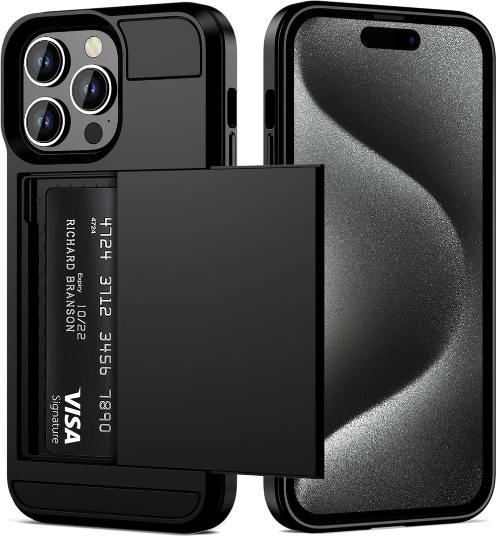 Vofolen for iPhone 15 Pro Max Case with Card Holder, Dual Layer Shockproof Wallet Phone Case, Hidden Sliding Card Slot Protective Slim Case for iPhone 15 Pro Max, 6.7'' Black