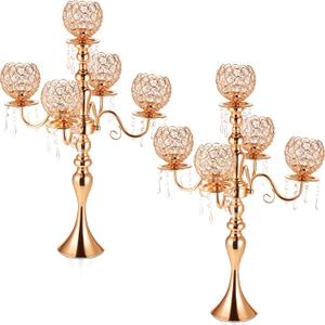 Dandat 2 Pack 5 Arms Gold Candelabra Centerpiece with Crystal Pendant 26 Inch Tall Floor Chandelier Beaded Candle Holder Table Centerpieces Wedding Party Dinner Formal Event