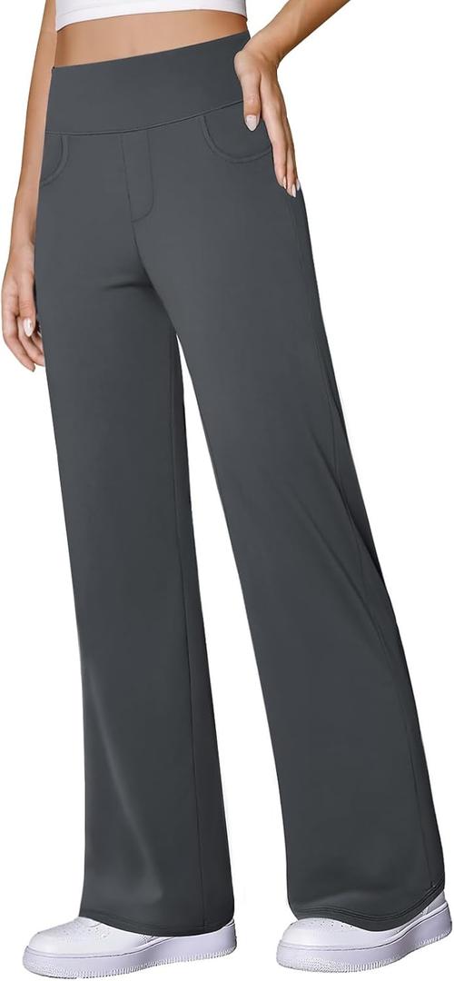 Wide Leg Yoga Pants Women Stretch Dress Work Pants with Pockets Lounge Casual Sweatpants (X-Large, Dark Grey)
